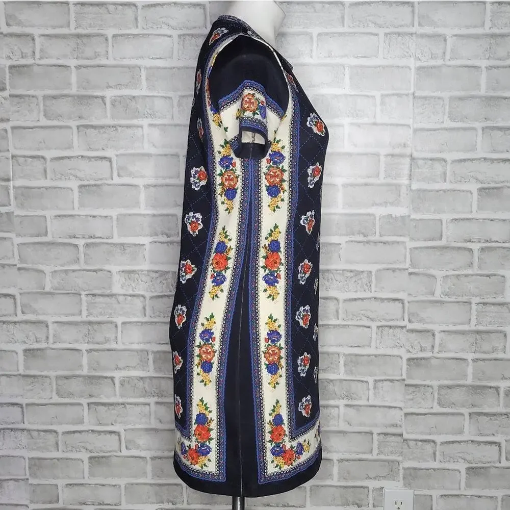 Tory Burch XS Navy Floral Border Print Pima Cotton Shift Mini Dress